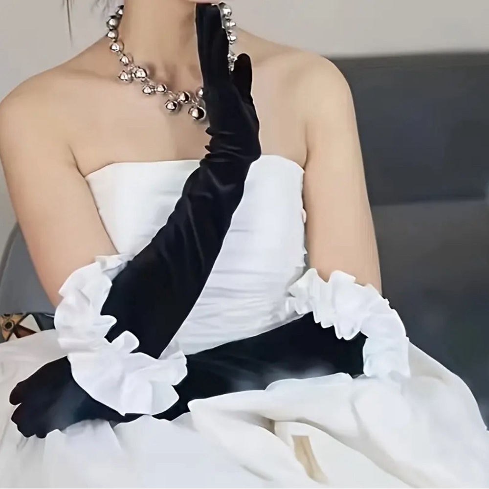 Elegant Black Velvet Long Gloves with White Wavy Edge